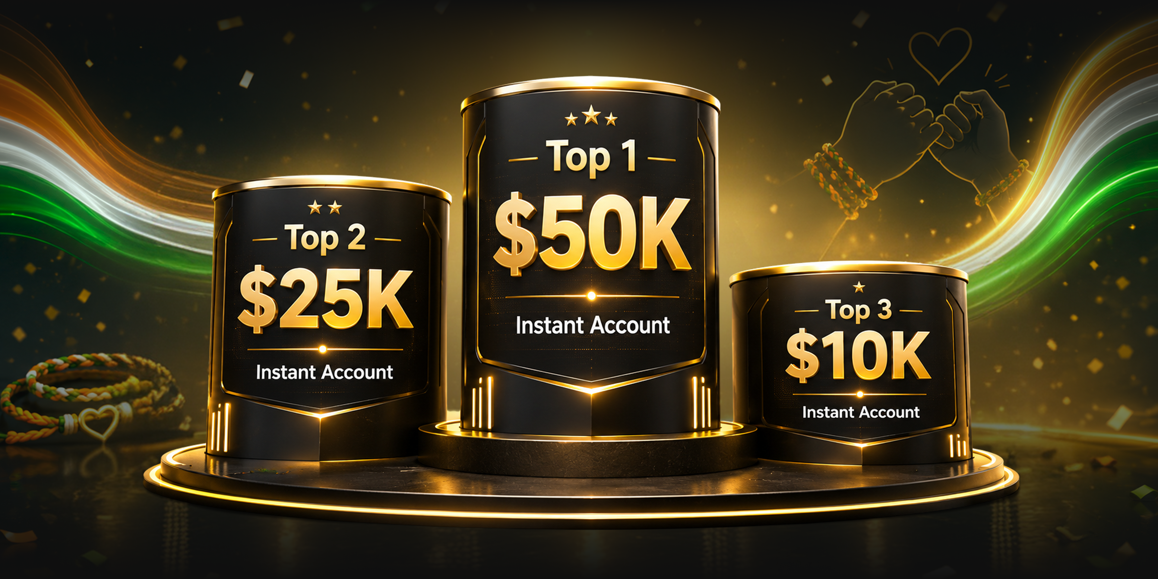 Award podium: Top 1 wins a $50K Instant Account, Top 2 wins a $25K Instant Account, Top 3 wins a $10K Instant Account.