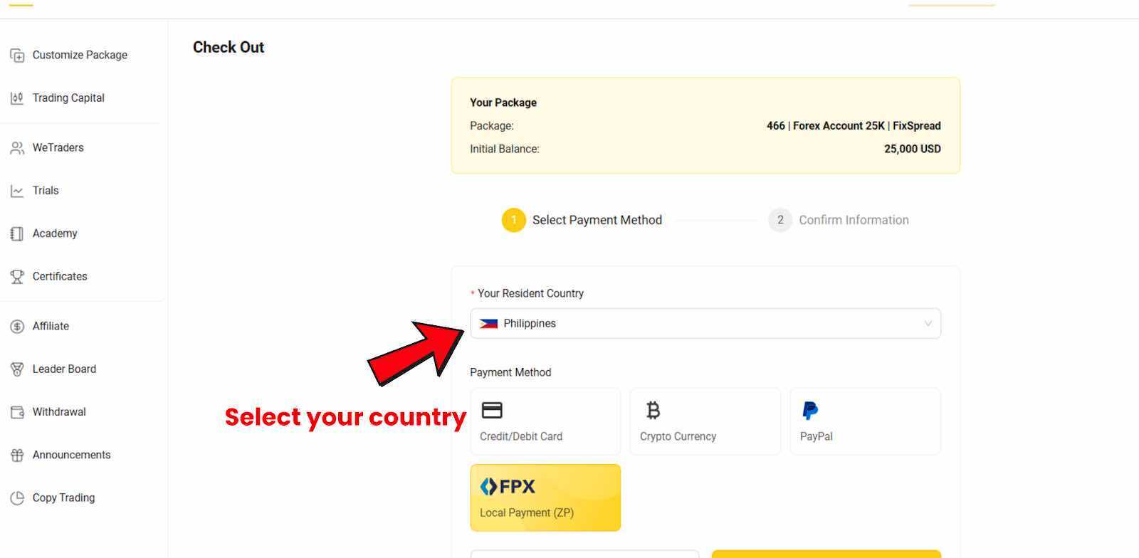 Step 2: Choose your country and select “Local Payment (ZP)”