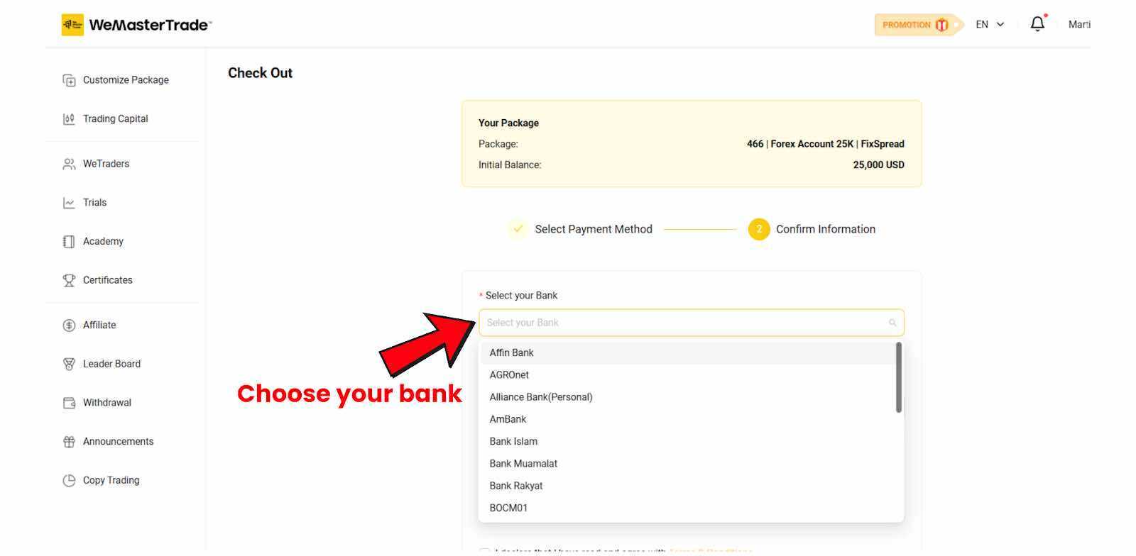 Step 3: Choose your bank from the dropdown list