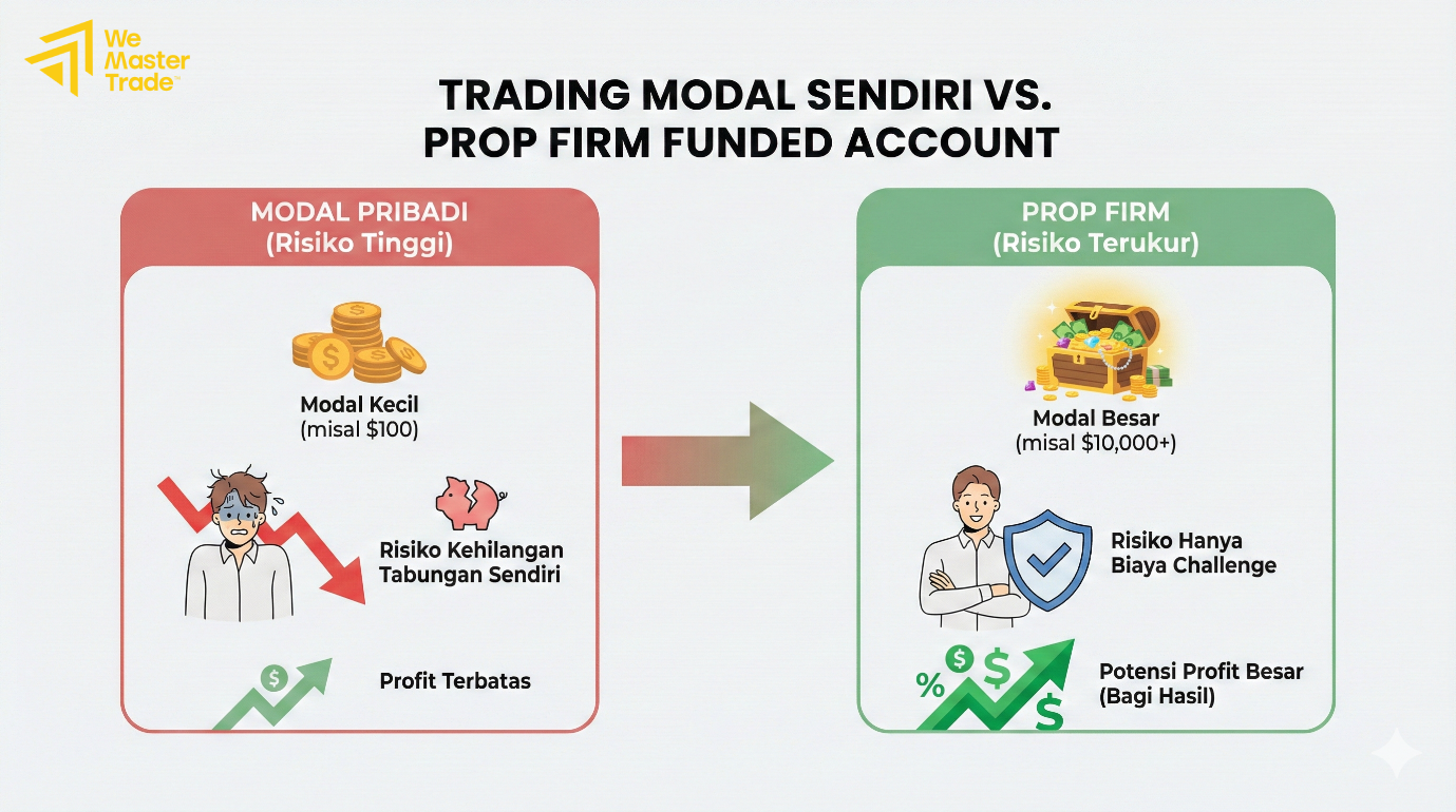 Dengan prop firm, trader bisa mengakses modal lebih besar dengan risiko yang lebih terukur.