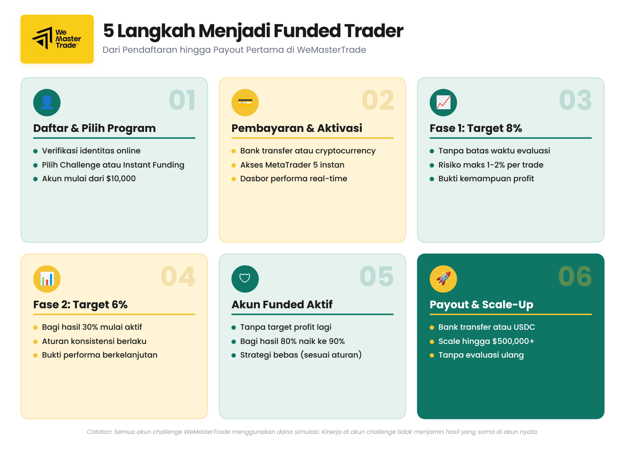 6 langkah menuju funded trader Indonesia: mulai dari registrasi, challenge, akun funded, hingga payout dan scale-up akun.