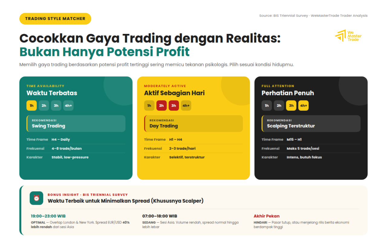 Di prop firm, gaya trading terbaik bukan yang paling agresif, tetapi yang paling cocok dengan waktu, fokus, dan kemampuan menjaga konsistensi profit.