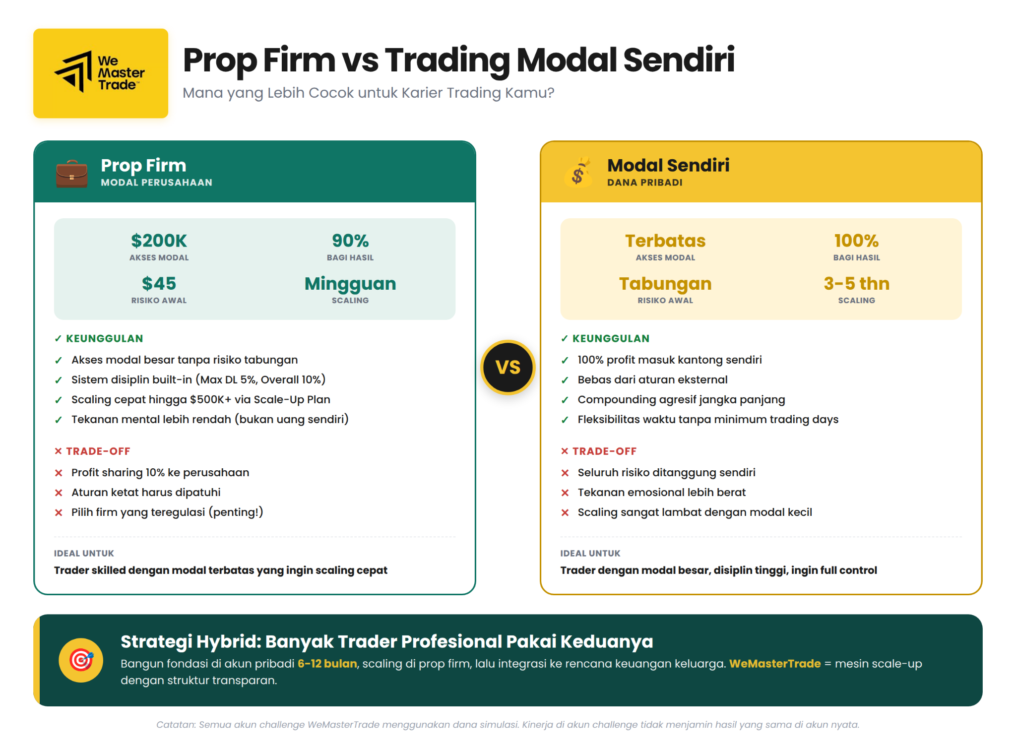 Memilih antara prop firm dan modal pribadi sebaiknya disesuaikan dengan tujuan, toleransi risiko, dan kemampuan menjaga konsistensi trading.