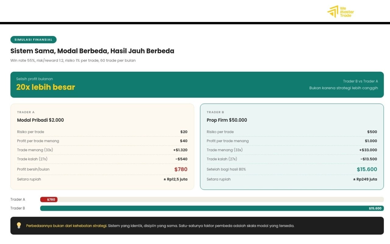 Dengan sistem dan disiplin yang sama, akses modal dari prop firm bisa memberi peluang profit yang jauh lebih besar dibanding trading sendiri.