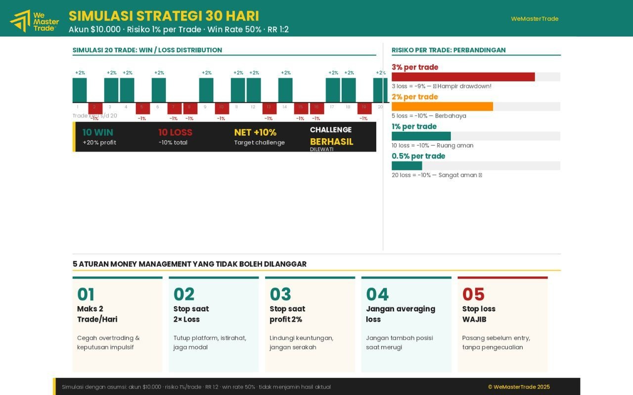 Kami merekomendasikan risiko 0,5–1% per transaksi sebagai standar yang ideal bagi trader yang serius menempuh jalur funded bersama kami.