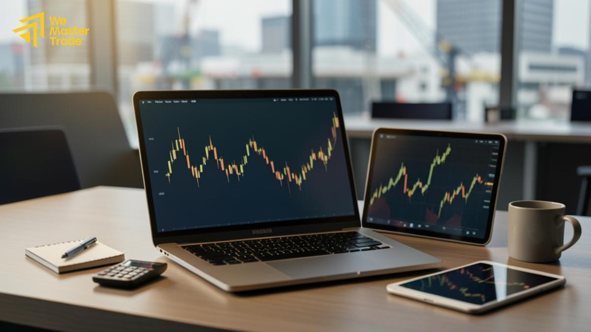 Trader membandingkan platform MT4 dan MT5 beserta instrumen forex dan indeks pada layar