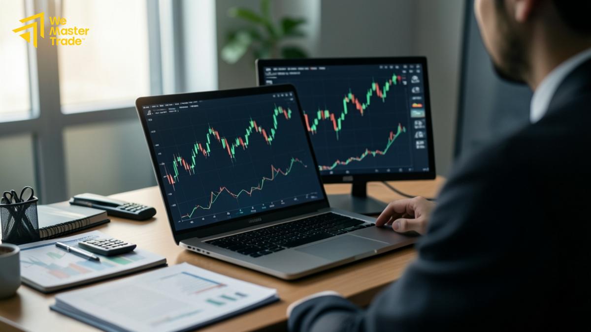 Trader menganalisis pola candlestick di area support dan resistance untuk menentukan titik entry dan exit