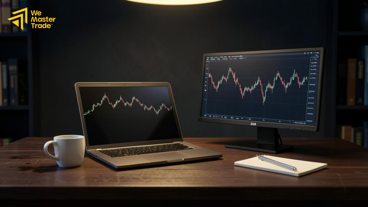 Ilustrasi konsep dasar trading dengan grafik harga dan istilah penting bagi pemula