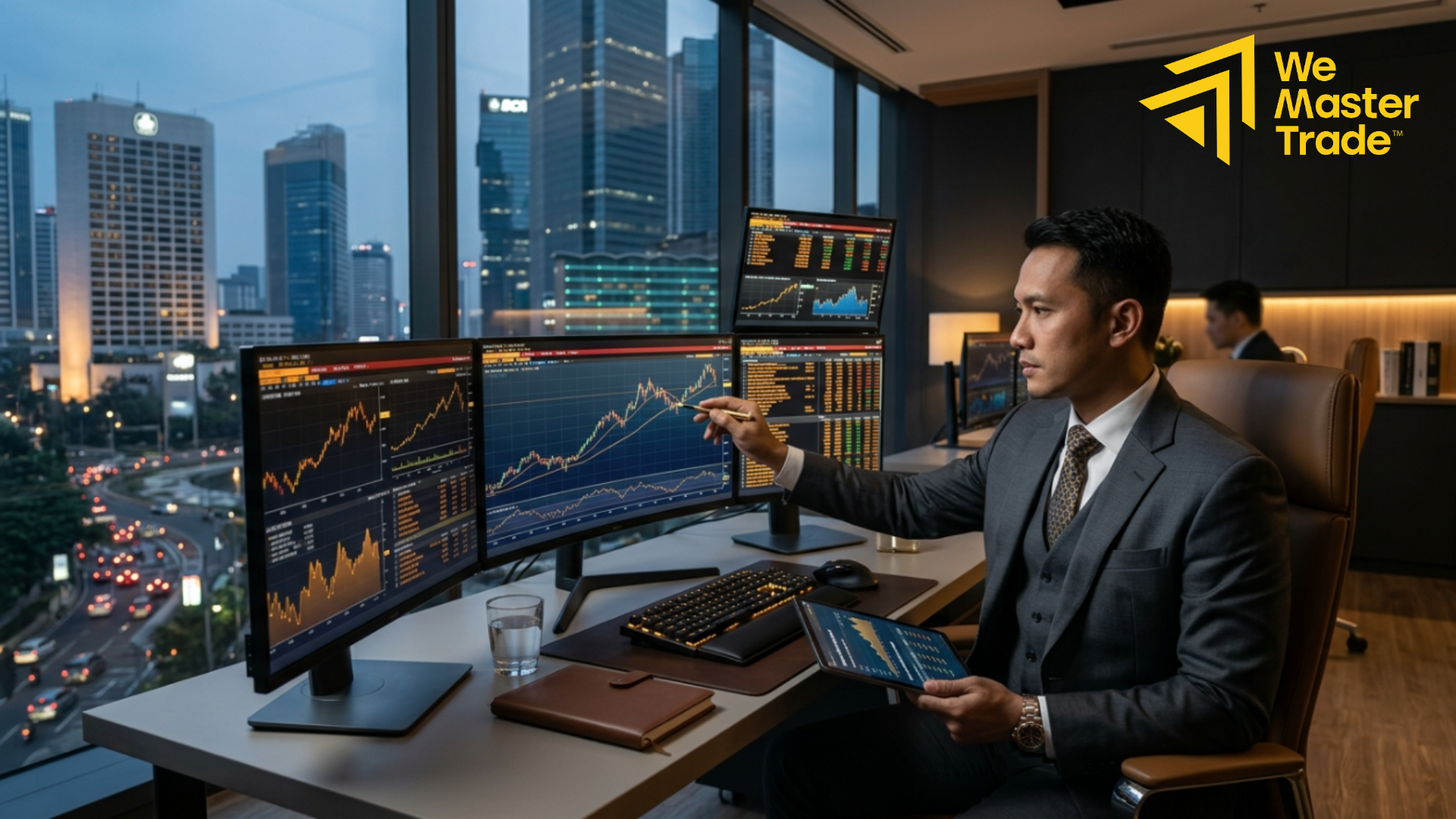 Trader meninjau aturan payout dan profit split program funded account di layar monitor
