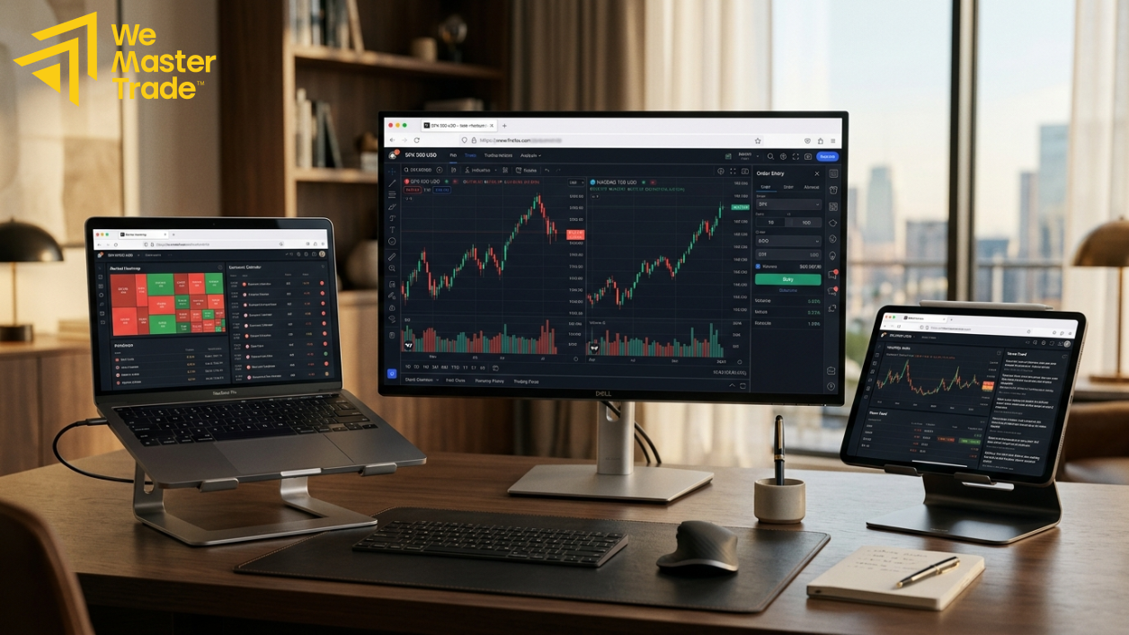 Forex trading psychology tips៖ វិធីបង្កើត mindset ល្អសម្រាប់ forex trading 3 trader កំពុងតាមដាន account dashboard សម្រាប់ evaluation challenge របស់ prop firm
