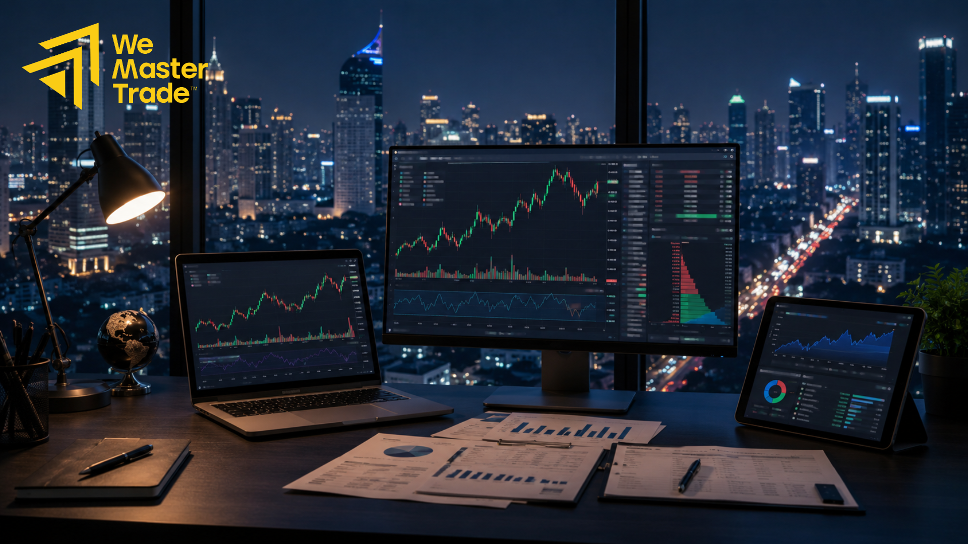 Ilustrasi trader Indonesia menganalisis grafik forex untuk mengikuti evaluasi prop firm