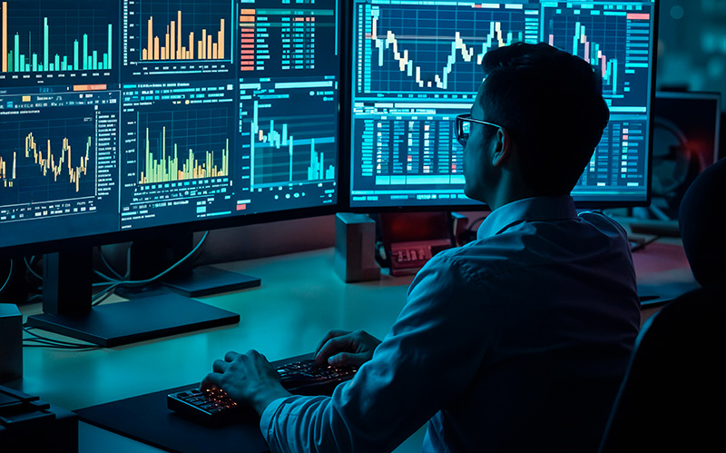 Can Good Technical Traders Still Be Bad Prop Traders? 1 A trader monitoring multiple high-density financial charts