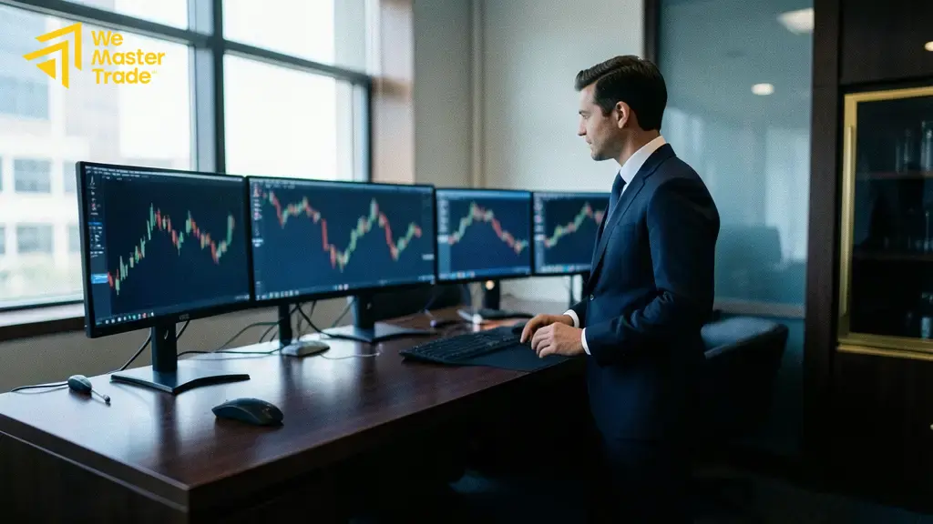 Trader mengevaluasi risiko trailing drawdown dan mengelola ukuran lot pada akun prop firm