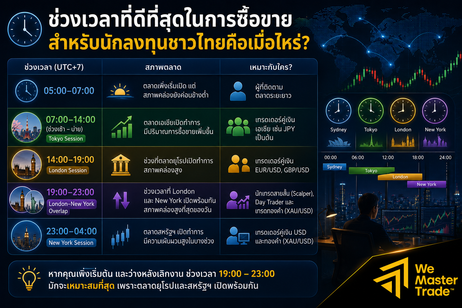 ตลาด Forex เปิดกี่โมง? เวลาเปิด-ปิดตลาด Forex ตามเวลาไทย (UTC+7) 4 Best Trading Time สำหรับคนไทย