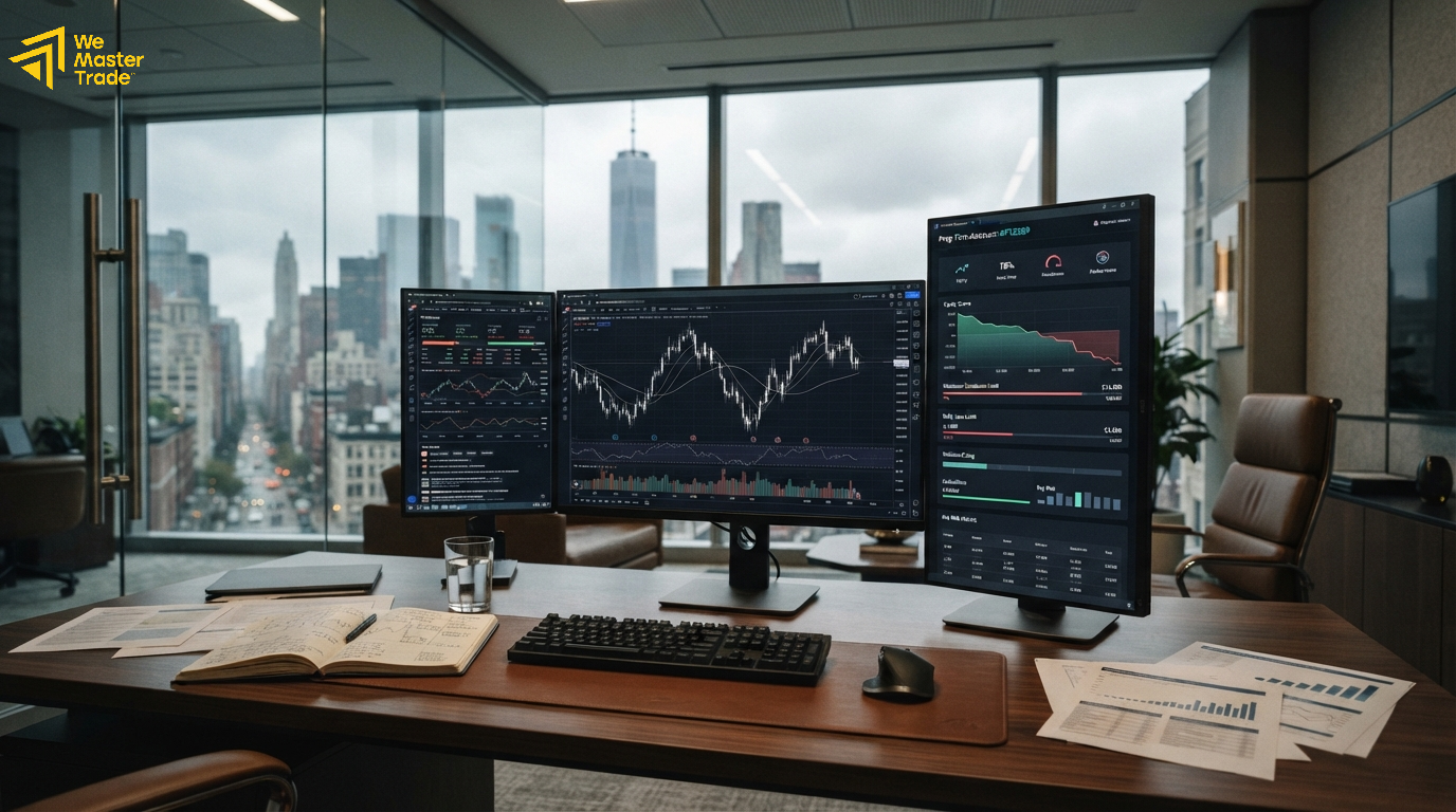 Risk Management Prop Firm: Cara Mengatur Risiko Saat Trading di Challenge dan Funded Account 3 Trader menganalisis grafik forex sambil menerapkan aturan risiko harian di akun prop firm
