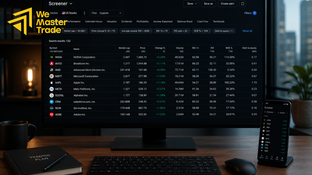 TradingView Screener ជាអ្វី និងប្រើដូចម្តេច? 1 ផ្ទាំង TradingView screener បង្ហាញបញ្ជី instrument ជាមួយ filter