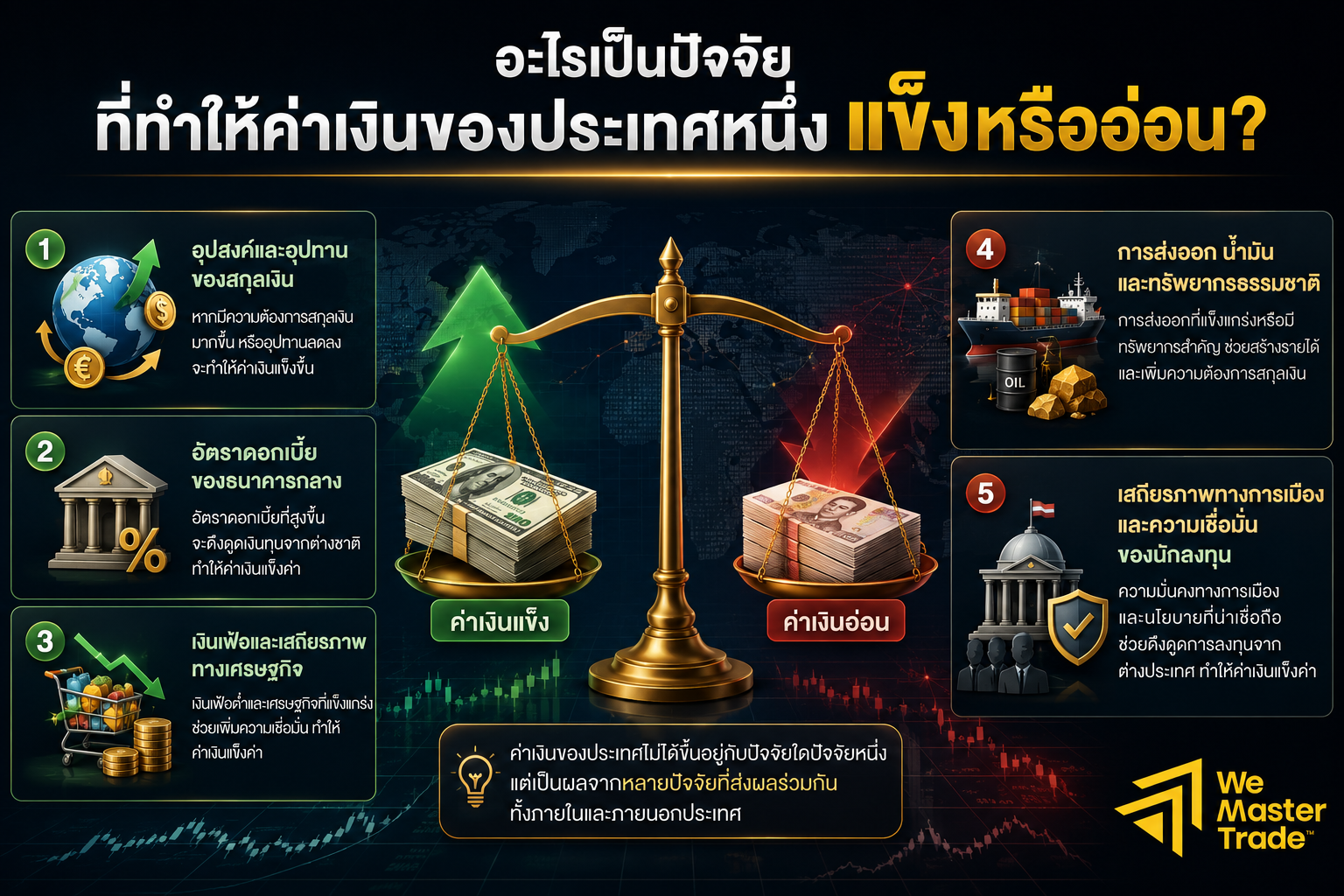 ค่าเงินที่แพงที่สุดในโลกคืออะไร? อัปเดตอันดับล่าสุด พร้อมอธิบายว่าทำไมดอลลาร์สหรัฐไม่ใช่อันดับ 1 1 อะไรเป็นปัจจัยที่ทำให้ค่าเงินของประเทศหนึ่งแข็งหรืออ่อน
