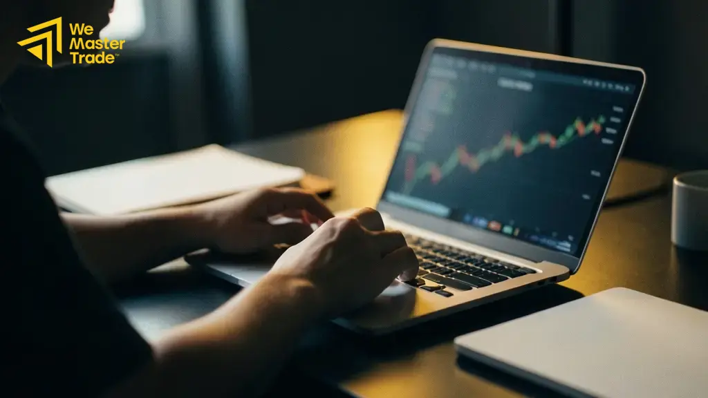 Cara menarik level fibonacci dari swing low ke swing high pada grafik tren naik